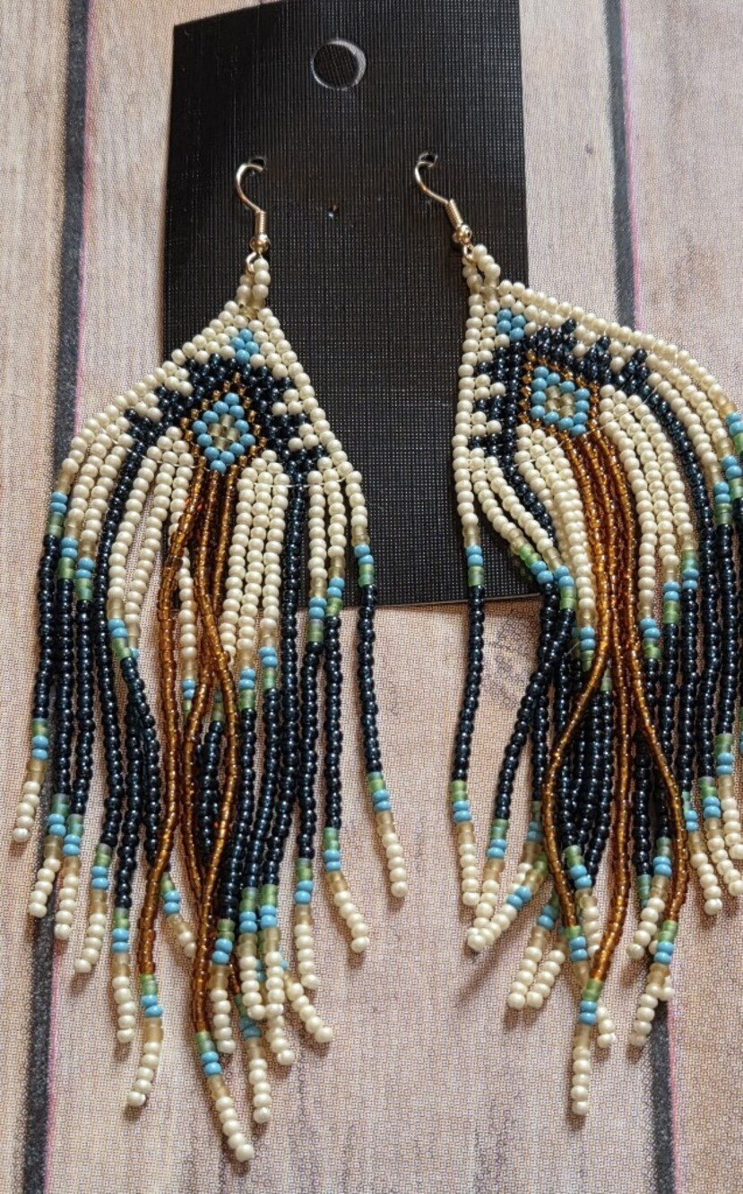 paparazzi Black, Cream & Turquoise Beaded Fringe Earrings NWT
